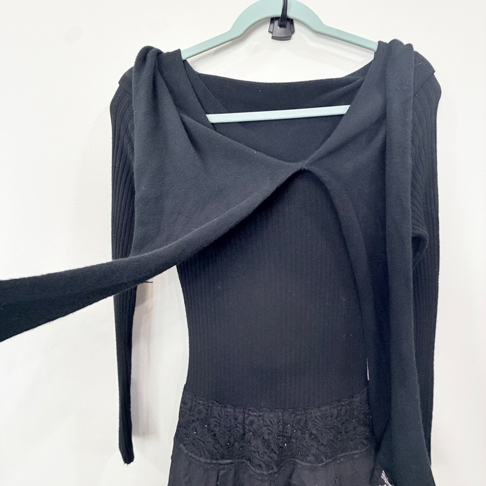 VTG CACHE Style Small Midi Dress Black LS Ribbed Knit Tiered Lace Sequin Goth - Picture 7 of 16